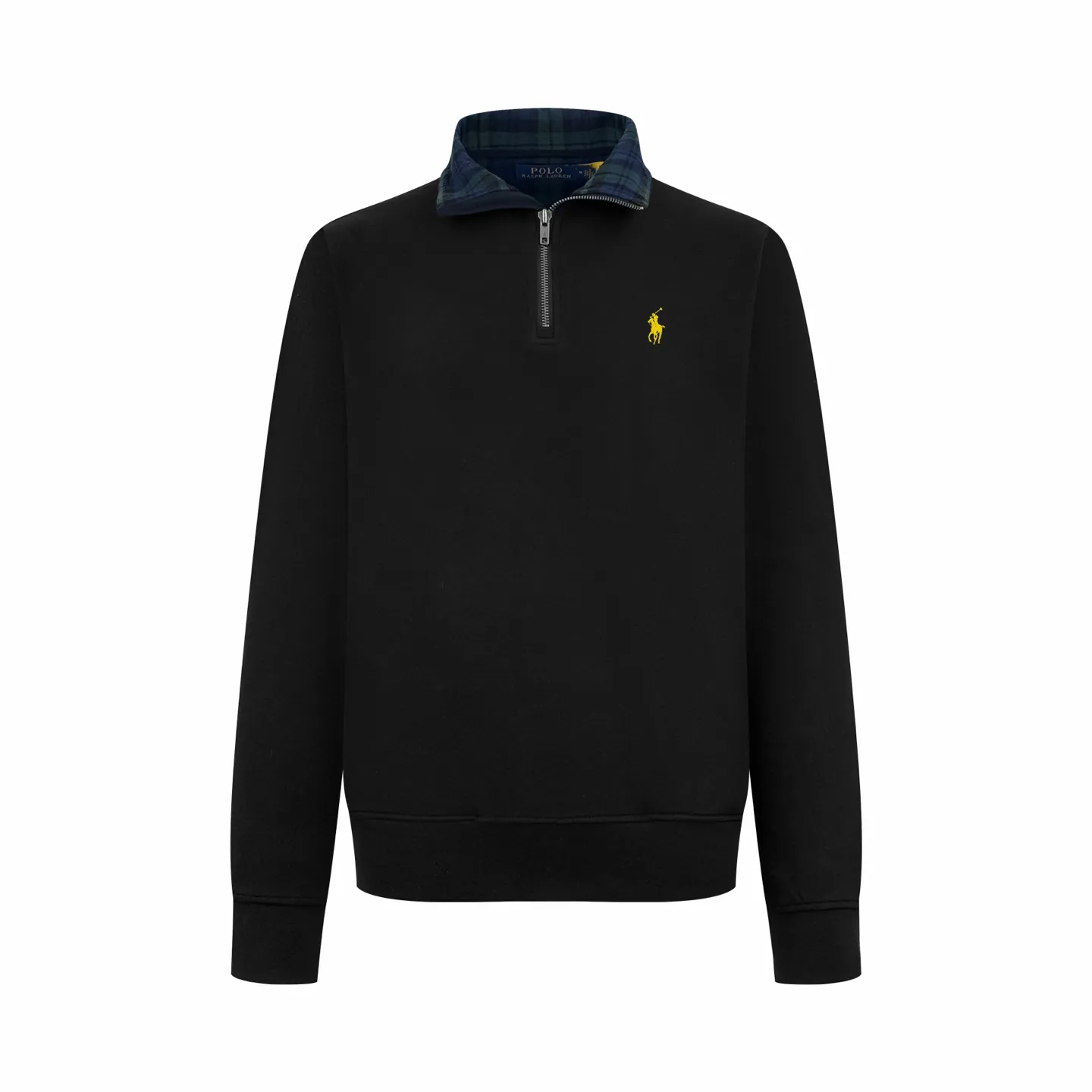 P350 Ralph Lauren gold embroidered half turtleneck sweatshirt, custom-made elegant fine cotton velvet material, soft and silky, comfortable and skin-friendly, with a pure black tone as the base color, plaid twill trim on the neckline, carrying the elegance and retro of British style, exquisite golden pony logo embellishment, self-focus, full of recognition, simple and smooth lines outline the overall outline, half-zip design is sublimated, casual but not out of style, in the name of design Create a new fashionable realm for sweatshirts. Process 1: Adopt imported machine embroidery technology. Use advanced computer control systems and precision mechanical components to realize pony mark embroidery operations with high precision and smooth and delicate lines. Process 2: The fabrics are washed and have a better hand feel. Not easy to deform, not easy to shrink, not easy to fade, and maintain long-term beauty. Accessories: Customized 1:1 Ralph Lauren zipper. Customized 1:1 Ralph Lauren trademark. Version: Fitted version. Size: S M L XL model number: BB756